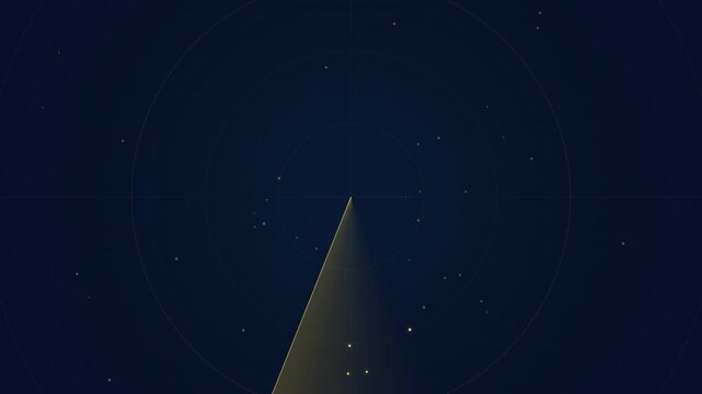 A high-tech sci-fi radar sweep animation featuring smooth rotating sonar lines, concentric glowing rings, and dense digital tech data clusters on a deep space blue background.