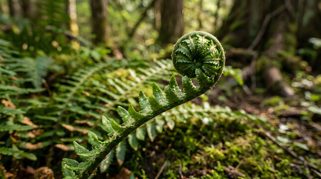 Fresh green fern leaf unfurling in a wild forest