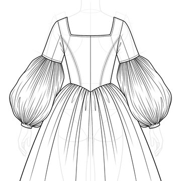 Back view sketch of Tudor gown with puffed undersleeves. Ink design.