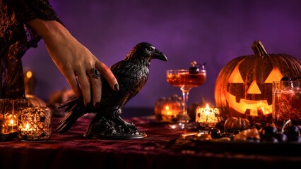 Obraz premium Female hand in black lace touching decorative raven on Halloween table. Glowing jack o lantern pumpkins, candles and cocktails on purple background.