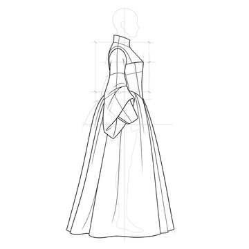 Side profile sketch of dark mourning Tudor gown. Line art.