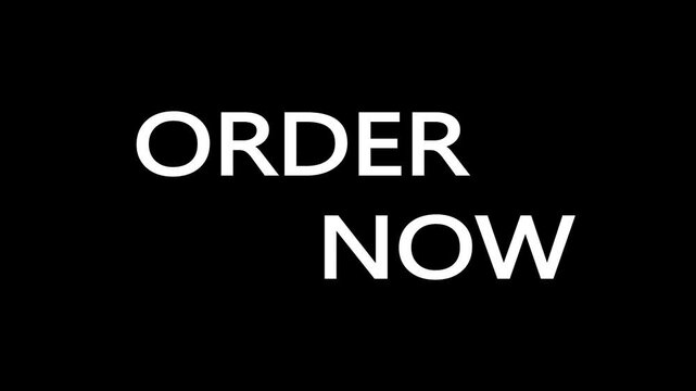 Red ORDER NOW text animation on black background, call to action concept