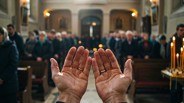Raised hands during a candlelit religious service inside a church