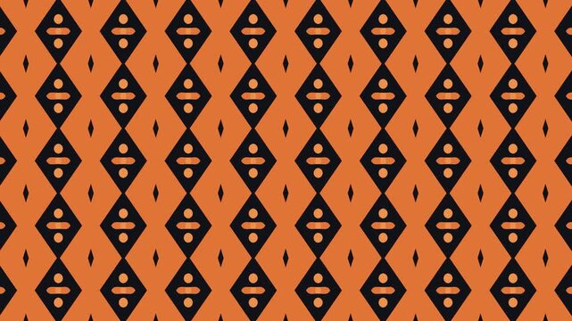 Orange and black diagonal geometric abstract pattern background featuring a seamless loop