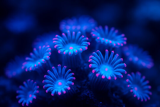 Glowing blue coral polyps with pink tips in dark underwater macro scene