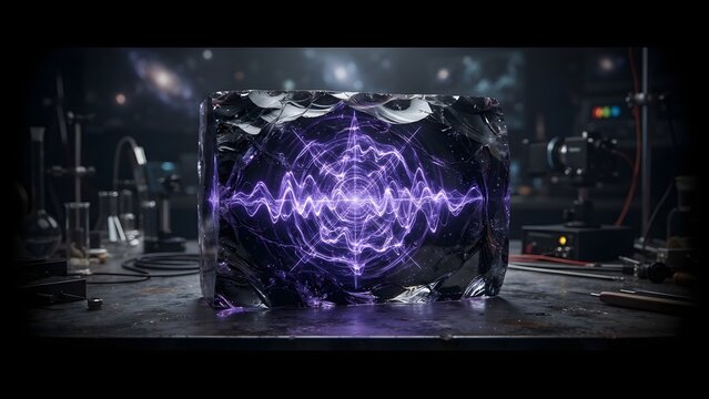 Abstract concept of contained energy or a scientific experiment with a pulsing purple light within a crystalline structure