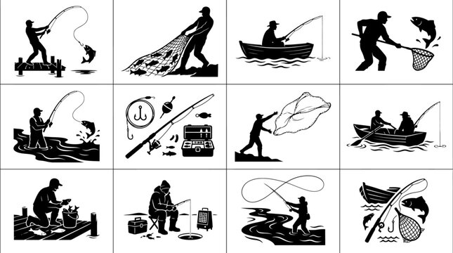 Black Silhouette Fishing Vector Set, Angler Casting Rod and Fish Net Silhouette Illustration Collection