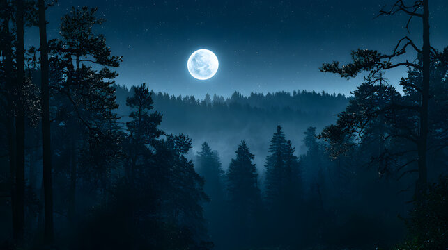 Full moon illuminating a misty forest landscape at night
