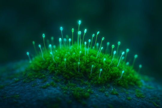 Glowing bioluminescent moss sprouts on dark forest ground in abstract macro nature background