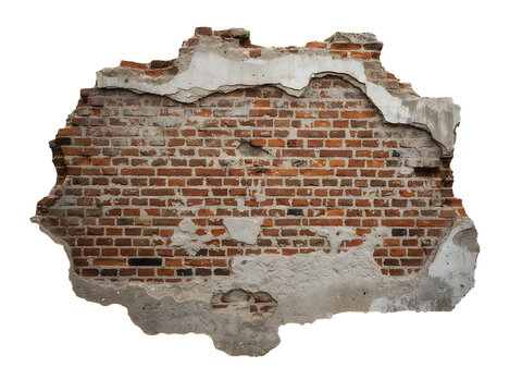Fragment of damaged red brick wall with crumbling plaster and rough edges isolated on transparent background