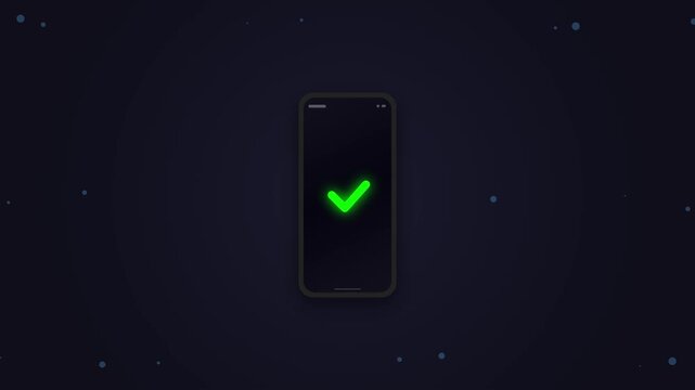 Minimalist smartphone with glowing green checkmark icon on screen signifying successful verification, completed transaction or task success