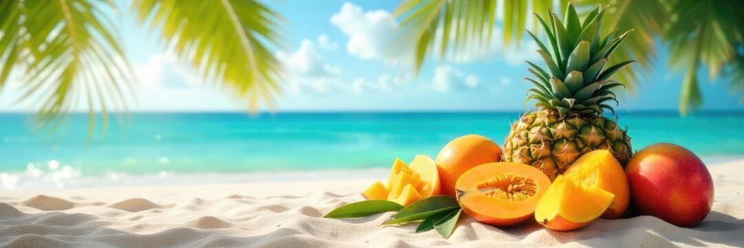 Sun-drenched mangoes, papayas, and pineapples rest on a warm, sandy beach; sea breeze gently ruffling leaves Perfect tropical summer vibes , fruit, warm, healthy