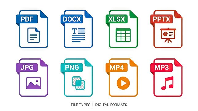 Digital file format icons for various document types.