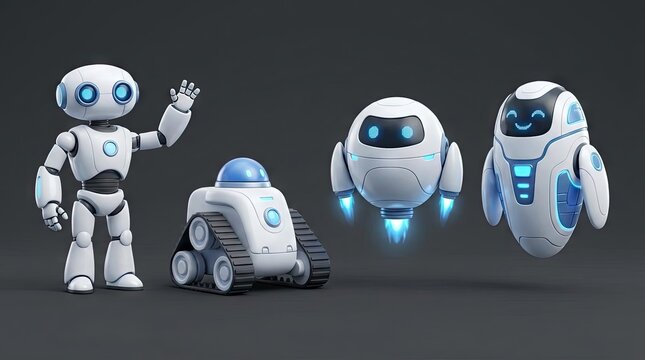 Group of diverse friendly futuristic robot character designs.