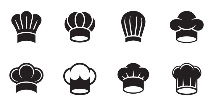 Professional chef hat silhouette collection showcasing various styles of traditional white toques for kitchen staff and culinary branding use.
