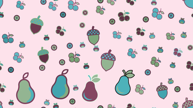 Seamless pattern of acorns, pears, and berries