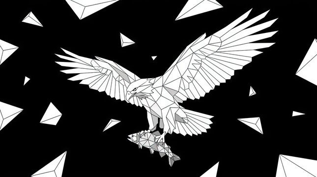 Low poly eagle catching fish on black background