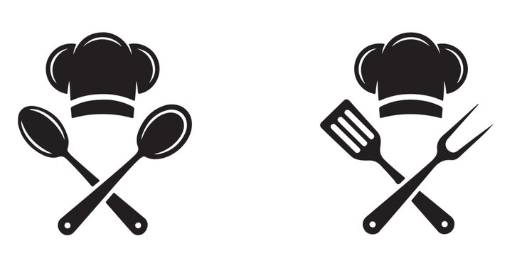 Minimalist chef hat icons with crossed kitchen tools including spoons spatula and grill fork in black silhouette style for culinary logos.