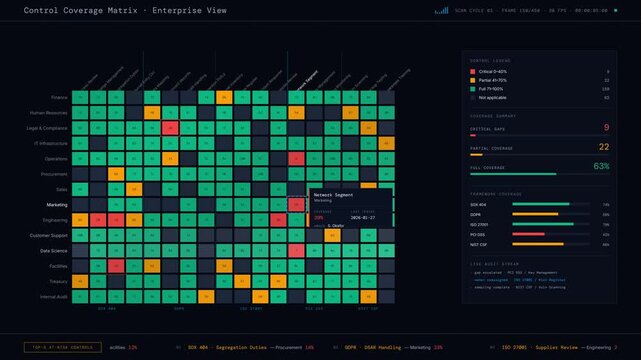 Visual representation of a Compliance Control Coverage Matrix highlighting regulatory gaps across business units with color-coded heatmap and animated tooltips for insights.