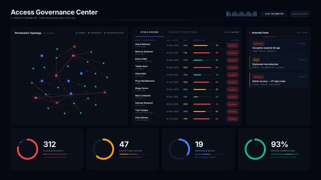 Explore the Enterprise Access Governance Dashboard showcasing stale permissions and security exceptions with a dynamic network graph and interactive user data visualizations.