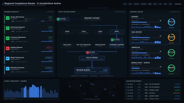 Visual representation of a regional compliance workflow routing business requests through policy reviews with dynamic animations and color-coded urgency indicators.