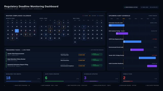 A comprehensive regulatory deadline monitoring dashboard featuring a master calendar, task feed, and audit schedule with animated elements and colored indicators for urgency.