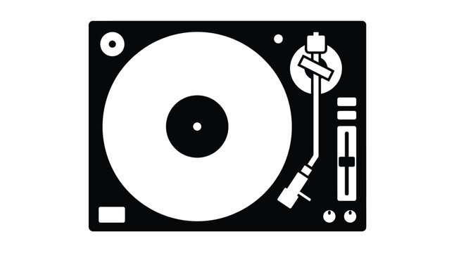Minimalist black and white turntable vector illustration showing a classic vinyl player for modern graphic design