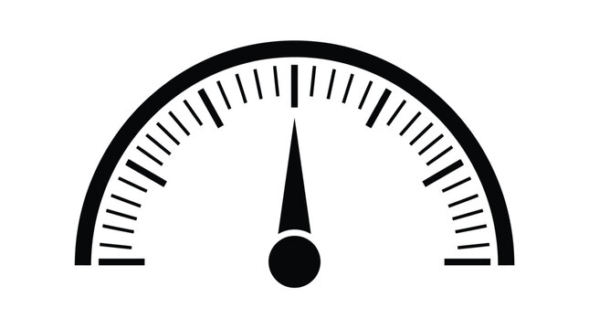 Minimalist black and white speedometer gauge icon with thin marker lines on a clean background
