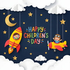 Naklejka premium Children flying in a rocket and airplane paper craft design for Childrens Day