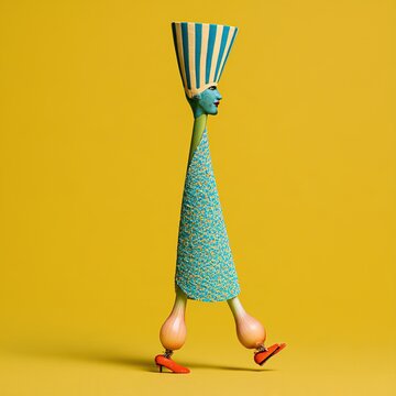 Anthropomorphic onion walking wearing creative costume on yellow background