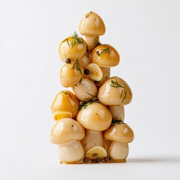 Pickled mushrooms creating a culinary tower with herbs