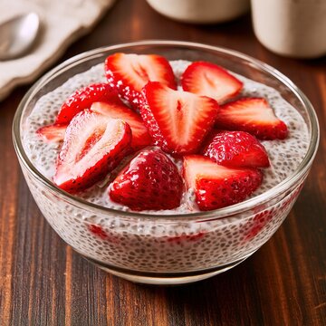 Chia seed pudding with fresh strawberries for breakfast