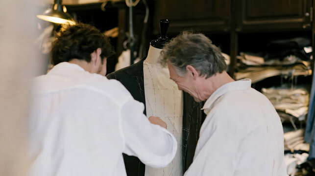 Custom tailoring consultation featuring two men adjusting garment on mannequin in workshop