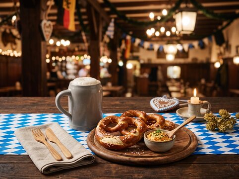 Bavarian pretzels with obatzda spread and frothy beer on wooden board