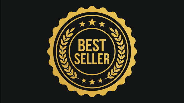 Golden best seller badge featuring decorative laurel leaves and stars on a simple dark background