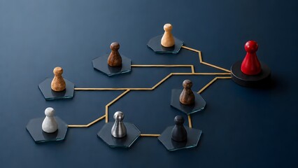 Obraz premium Red pawn leading wooden figures on connected hexagonal glass network representing business strategy and leadership hierarchy