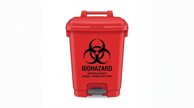 Red biohazard waste bin with pedal featuring black warning symbol isolated on white background