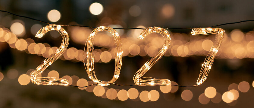 2027 Golden Lights Bokeh Sparkle Text Background Banner