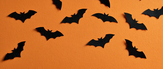 Fototapeta premium Black Bats Pattern Orange Autumn Fall Background Banner