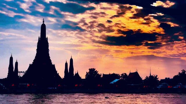 Silhouette of Wat Arun temple against a dramatic golden orange sunset over the Chao Phraya River in Bangkok, Thailand, with passing passenger boats and vibrant evening sky.