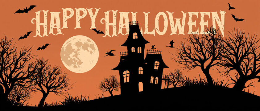 Happy Halloween Pumpkins Trees Silhouette Orange Sunset Banner