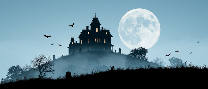 Haunted Castle Moon Night Silhouette Halloween Spooky Banner