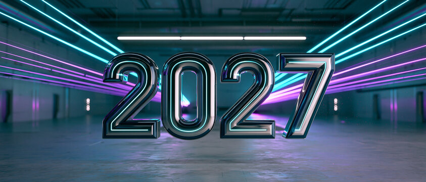 2027 Futuristic Neon Tunnel Metal Text Background Banner
