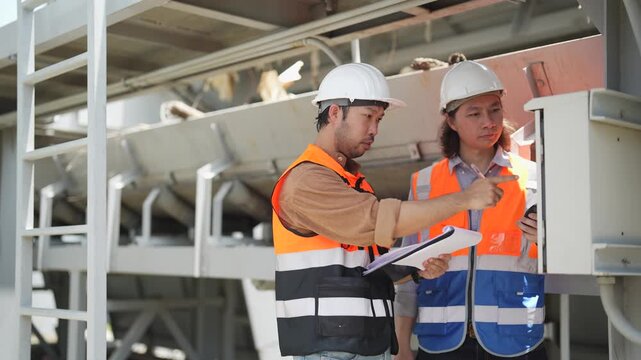 Engineers discuss maintenance findings and review technical documents while checking trash removal equipment and debris removal system connected to sluice gate.