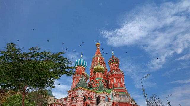 Moscow Red Square, time lapse view of St. Basil's Cathedral. Moscow city saint basil's cathedral backside panorama 4k time lapse Russia. Famous red square Unesco World Heritage Site