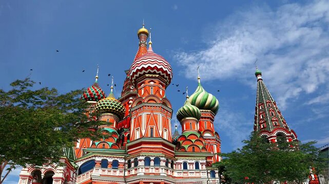 Red Square and Kremlin with Saint Basil Cathedral in Moscow Russia. Timelapse of Red Square and Kremlin at Sunset in Moscow Russia. Saint Basil Cathedral Moscow. Unesco World Heritage Site
