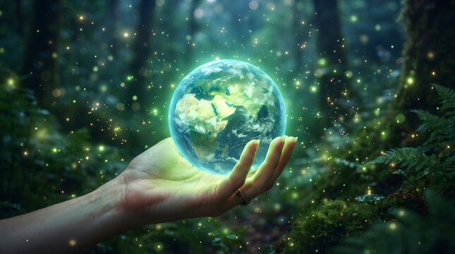 A hand gently cradles a glowing earth orb amidst a vibrant forest scene