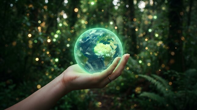 A hand holding a glowing sphere with a world map inside in a forest