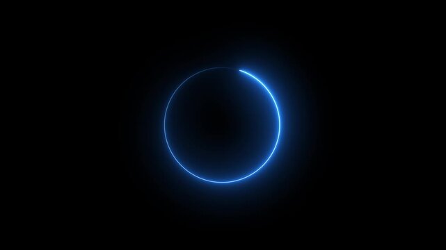 Glowing blue neon circle ring animation on black background, luminous round border loop light effect, abstract frame energy halo outline modern motion graphic
