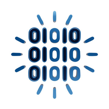 A blue glowing icon featuring a grid of binary numbers zero and one, surrounded by radiating lines, representing data, coding, and digital information isolated on a transparent background